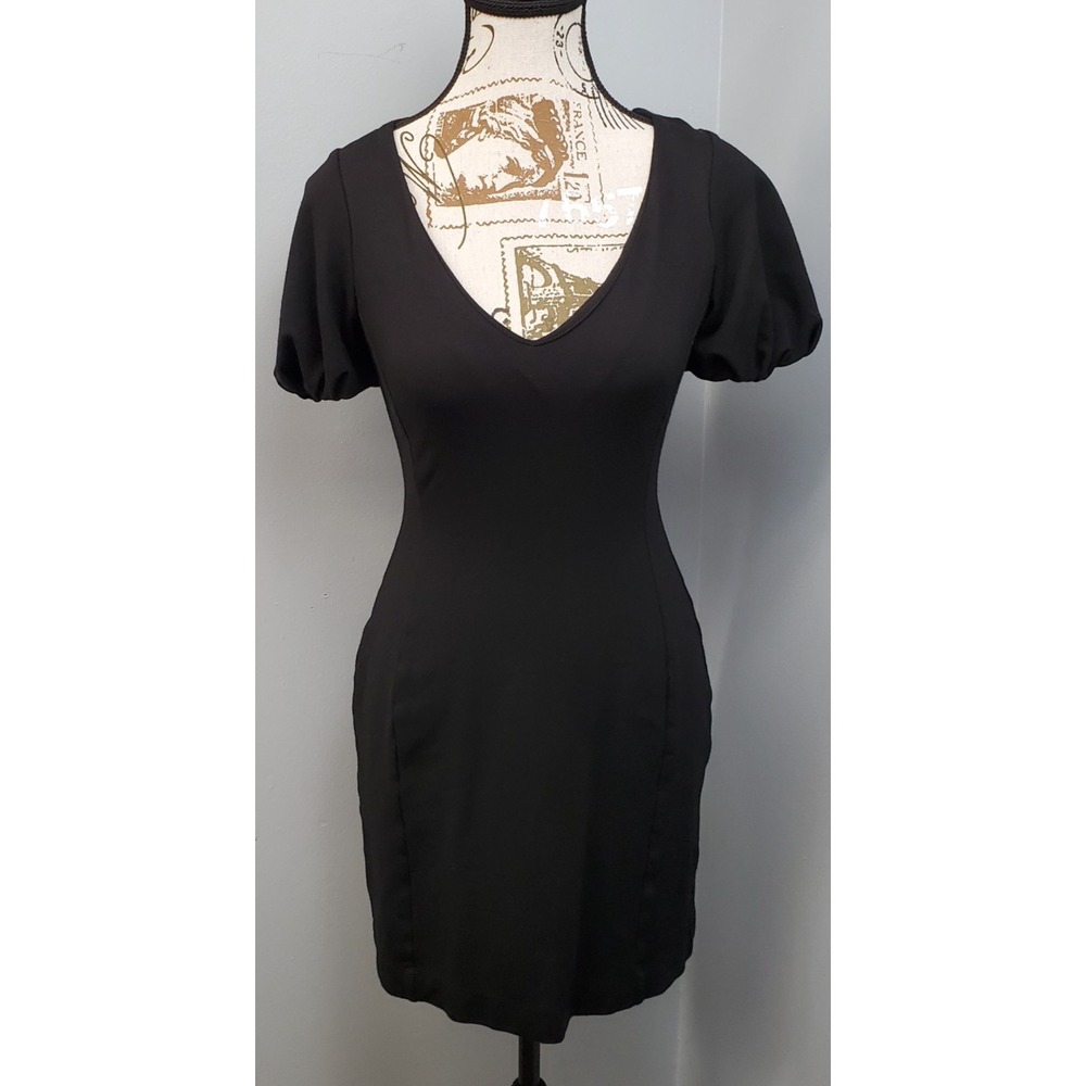 French Connection Bodycon Mini Dress Womens 4 Black Puff Sleeve V-Neck Back Zip